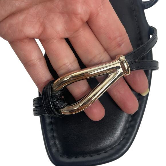 Nine West Tigra Square Toe Strappy Slide Flat Sandal Black Gold Size 7M - Picture 5 of 10